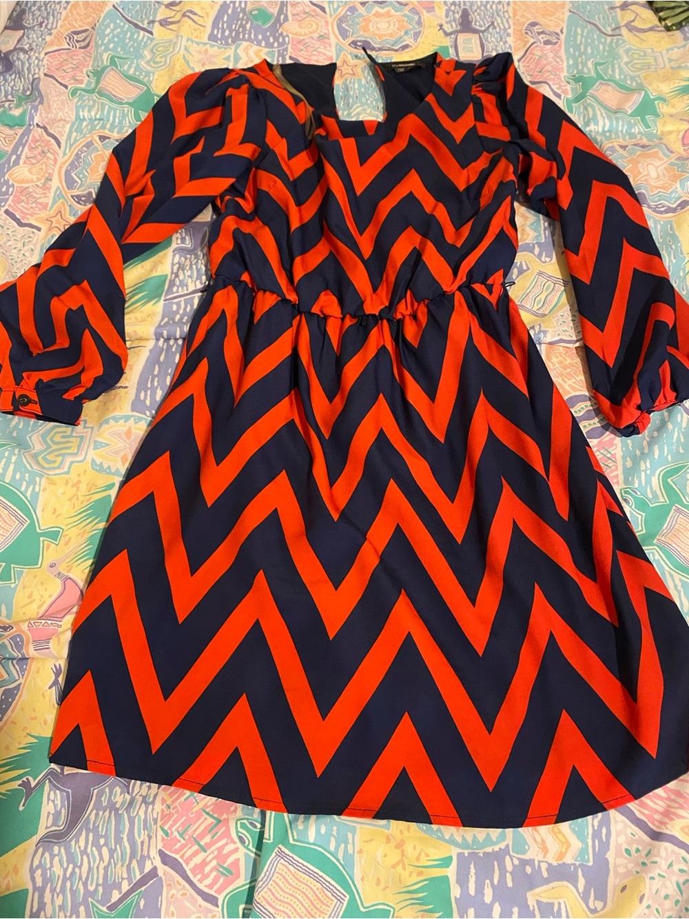 My Michelle Navy and Red Chevron Long Sleeve Casual Dress